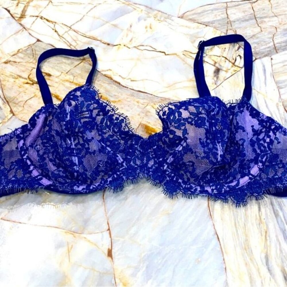 Rare New 34B Very Sexy Unlined Demi Bra Fishnet Blue Purple Floral Lace